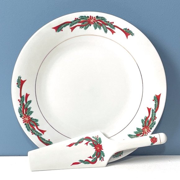 Vintage NEW Fairfield Porcelain, Poinsettias‎ & Ribbon, cake plate with server. - Picture 2 of 5